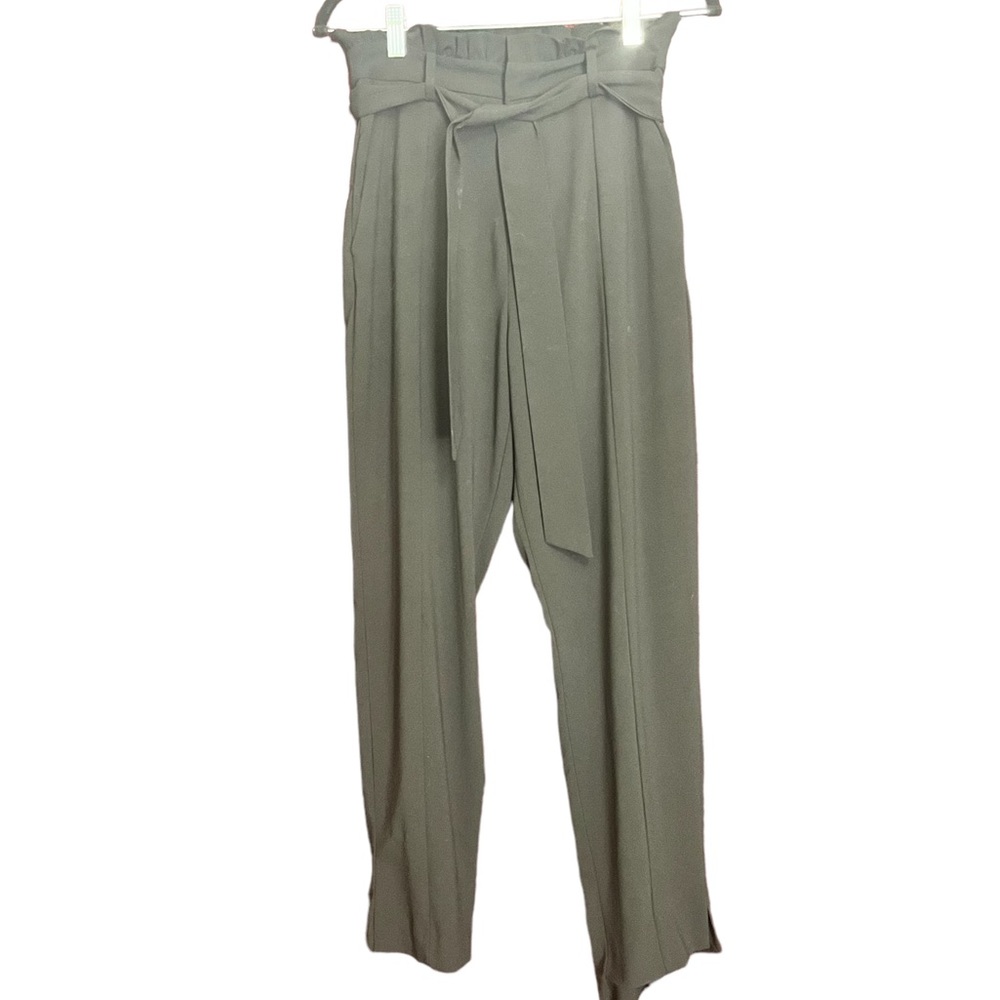 Black Paper Bag Waist Dress Pants with Belt